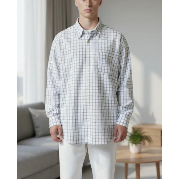 Eddie Bauer Mens Plaid Long Sleeve Button-Down Shirt XL 100% Cotton Blue & White - Picture 1 of 8